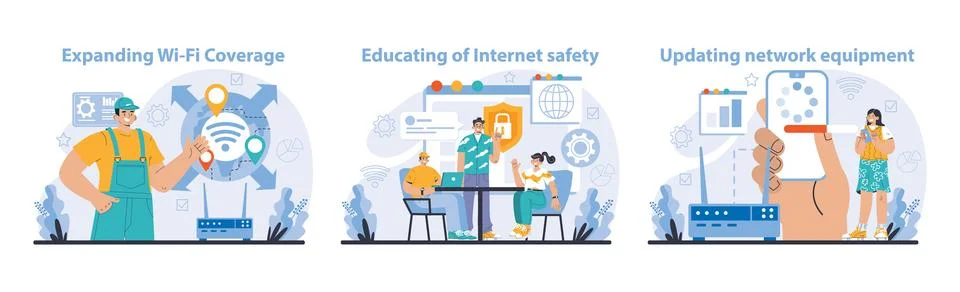 Wi-Fi network set. Specialist setting up, developing and maintaining wireless 스톡 일러스트