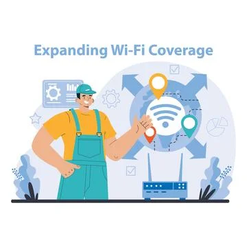 Wi-Fi network. Specialist setting up, developing and maintaining wireless Stock Illustration
