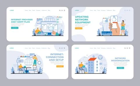 Wi-Fi network web or landing set. Specialist setting up, developing Stock Illustration