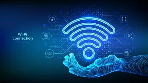 Wi-Fi network. Wi Fi icon in hand. Wlan access, wireless hotspot signal sym.. Illustrazione stock