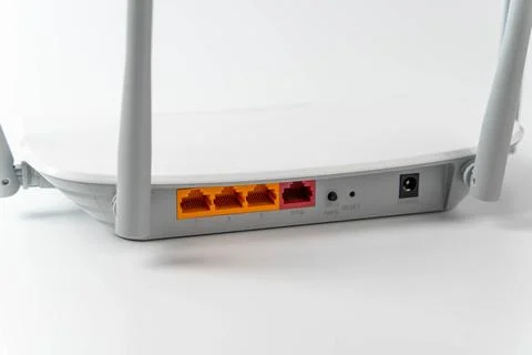Wi-fi router back panel showing ethernet wan lan ports 库存照片