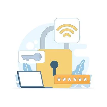 Wi-Fi security concept with network encryption, password protection. Illustrazione stock