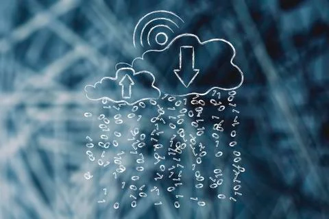 Wi-fi sun &amp; clouds with binary code rain Stock Illustration