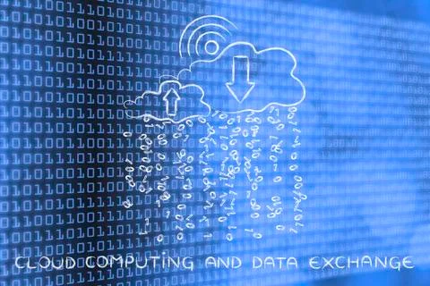 Wi-fi sun &amp; clouds with binary code rain, Data exchange Stock Illustration