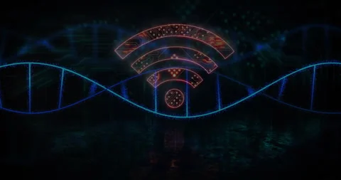 Wi-Fi symbol with digital patterns over DNA strand and binary coding animation Stock Footage 304648627