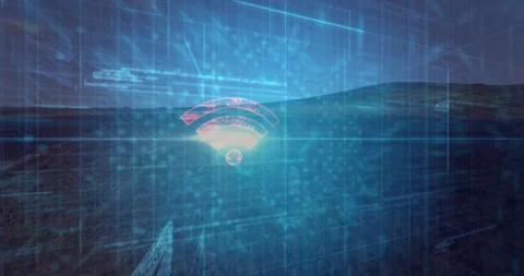 Wi-Fi symbol emerging from sun glare, overlay pulsing and streaming to visualize Stock Footage 329533087