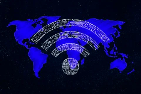 Wi-fi symbol made of microchip circuits over world map Ilustração Stock