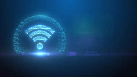 Wi-Fi symbol in a protective sphere of particles on a blue background. Stock Footage 300994718