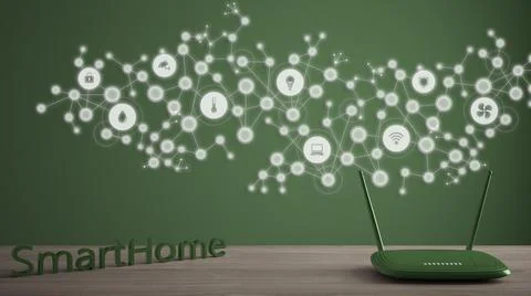 Wi-Fi wireless router on wooden table, smart home, geometric abstract green b Illustrazione stock
