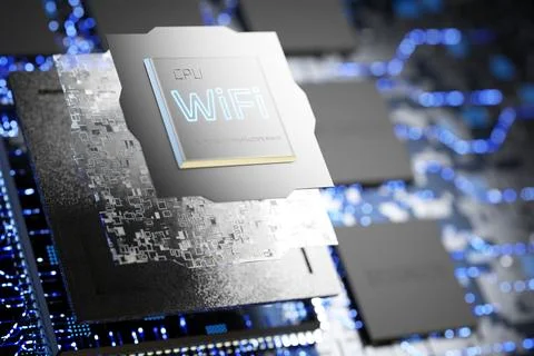 Wi-Fi6. Microchip with Wi-Fi inscription. Wireless equipment in mobile devi.. Illustrazione stock