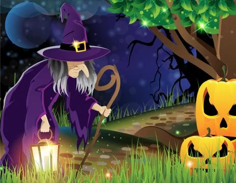 Wicked witch and jack o lanterns Stock Illustration