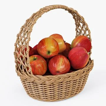 Wicker Basket 04 Natural Color with Apples 3D Model