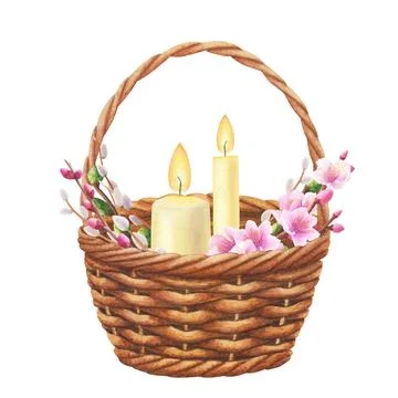 Wicker basket with candles, branches willow and sakura, peach, apple. watercolor Stock Illustration