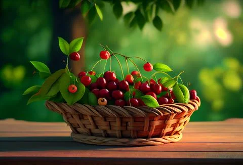 A wicker basket with cherries stands on the table against the backdrop of a Stock Illustration