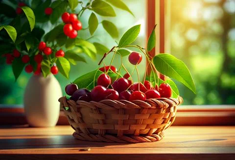 A wicker basket with cherries stands on the table against the backdrop of a Stock Illustration