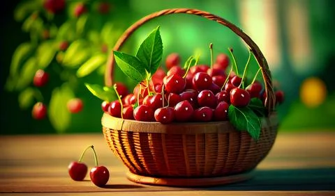 A wicker basket with cherries stands on the table against the backdrop of a Stock Illustration