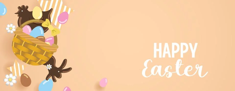 Wicker basket with chocolate easter eggs and chocolate chicken and rabbit Stock Illustration