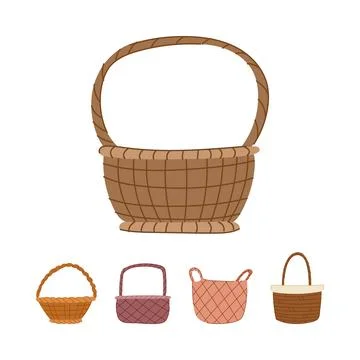 Wicker basket collection icon set illustrating storage and harvest Stock Illustration