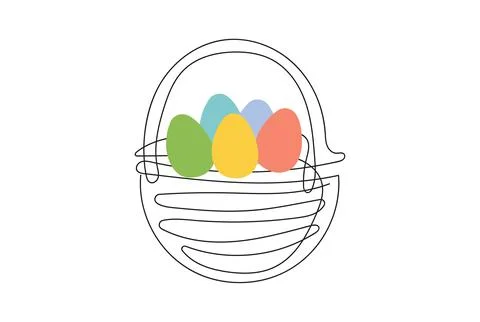 Wicker basket with colorful Easter eggs. Continuous one line drawing. Vector  Stock Illustration