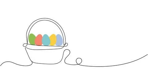 Wicker basket with colorful Easter eggs. Continuous one line drawing. Isolate Stock Illustration
