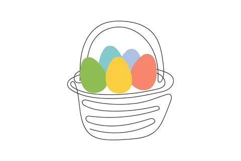 Wicker basket with colorful Easter eggs. Continuous one line drawing. Vecto.. Stock Illustration