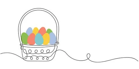 Wicker basket with colorful Easter eggs. Continuous one line drawing. Vector  Stock Illustration