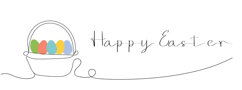 Wicker basket with colorful Easter eggs and Happy Easter greeting. Continuo.. Stock Illustration