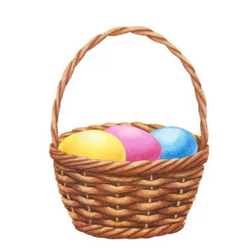 Wicker basket with colorful Easter eggs. Hand drawn watercolor illustration Stock Illustration