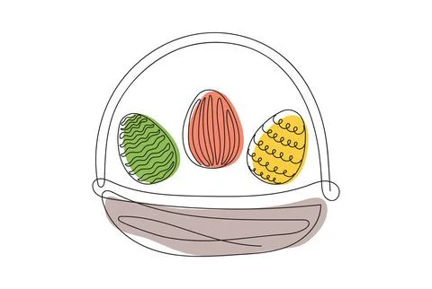 Wicker basket with colorful Easter eggs. Continuous one line drawing. Vector Stock Illustration