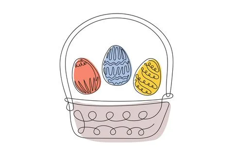 Wicker basket with colorful Easter eggs. Continuous one line drawing. Vector Stock Illustration