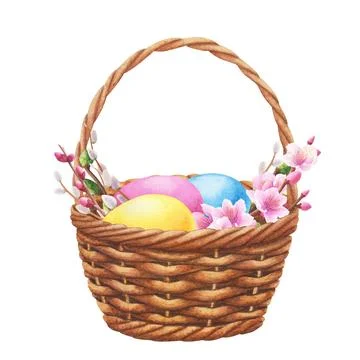 Wicker basket with colorful Easter eggs, branches sakura and willow. watercolor Stock Illustration