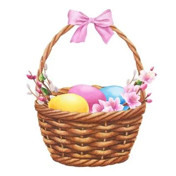 Wicker basket with colorful Easter eggs, pink bow, branches sakura and willow. Stock Illustration