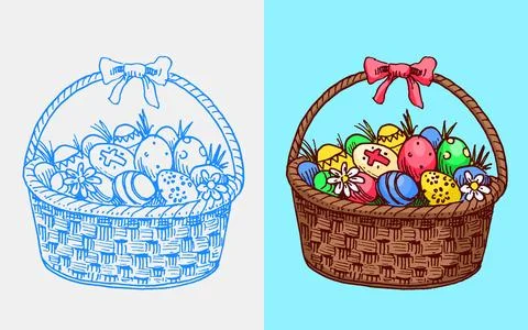 A wicker basket with colourful Easter eggs. Hand drawn illustration for holiday Stock Illustration