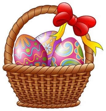 Wicker basket with decorated Easter eggs and red bows Illustrazione stock