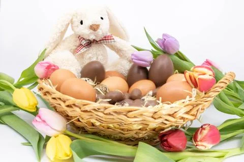Wicker basket, Easter Bunny back from the egg hunt. Easter celebration Stock Photos