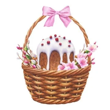 Wicker basket with Easter cake, bow and flowers. watercolor illustration Stock Illustration