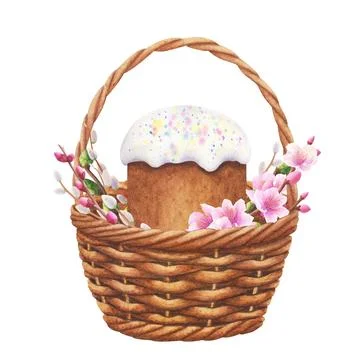 Wicker basket with Easter cake, branches and flowers. watercolor illustration Stock Illustration