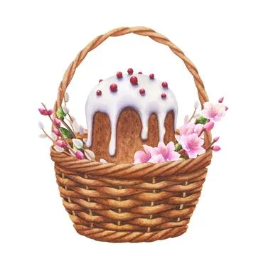 Wicker basket with Easter cake, branches and flowers. watercolor illustration. Stock Illustration