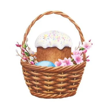Wicker basket with Easter cake, eggs, flowers Hand drawn watercolor illustration Stock Illustration