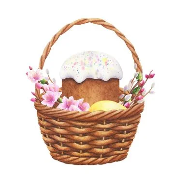 Wicker basket with Easter cake, eggs, branches and flowers Hand drawn watercolor Illustrazione stock