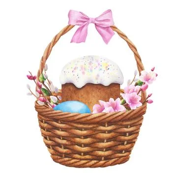 Wicker basket with Easter cake, eggs, pink bow, branches and flowers. watercolor Stock Illustration