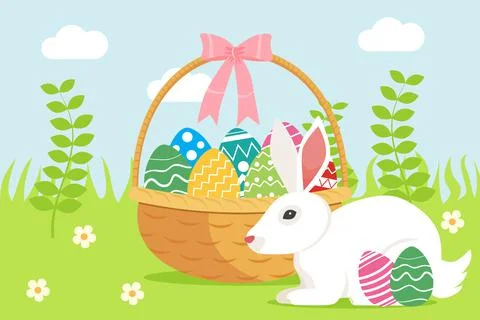 Wicker basket with Easter colorful eggs and white rabbit in the grass Stock Illustration