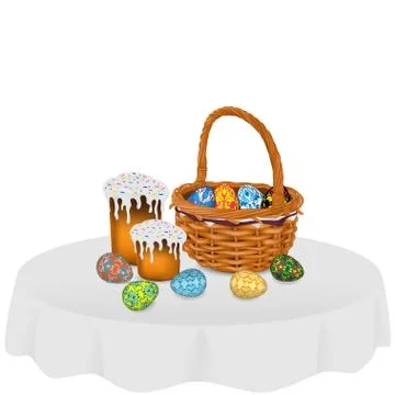 Wicker basket with Easter eggs and two Easter cakes  on the table, Stock Illustration