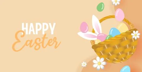 Wicker basket with Easter eggs and bunny ears vector banner Stock Illustration