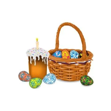 Wicker basket with Easter eggs, cake with a candle Stock Illustration