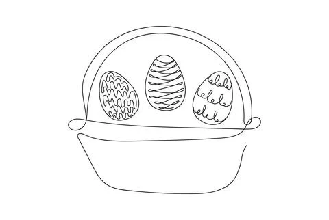 Wicker basket with Easter eggs. Continuous one line drawing. Black vector i.. Stock Illustration