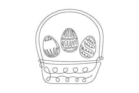 Wicker basket with Easter eggs. Continuous one line drawing. Black vector i.. Stock Illustration