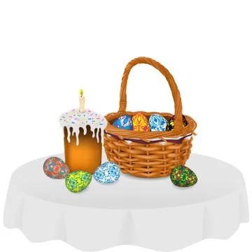 Wicker basket with Easter eggs, Easter cake with a candle  on the table Stock Illustration