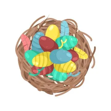 Wicker basket with Easter eggs. Flat illustration of a top view. Stock Illustration