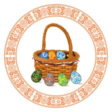 Wicker basket with Easter eggs inside and out. Circular pattern. Stock Illustration
